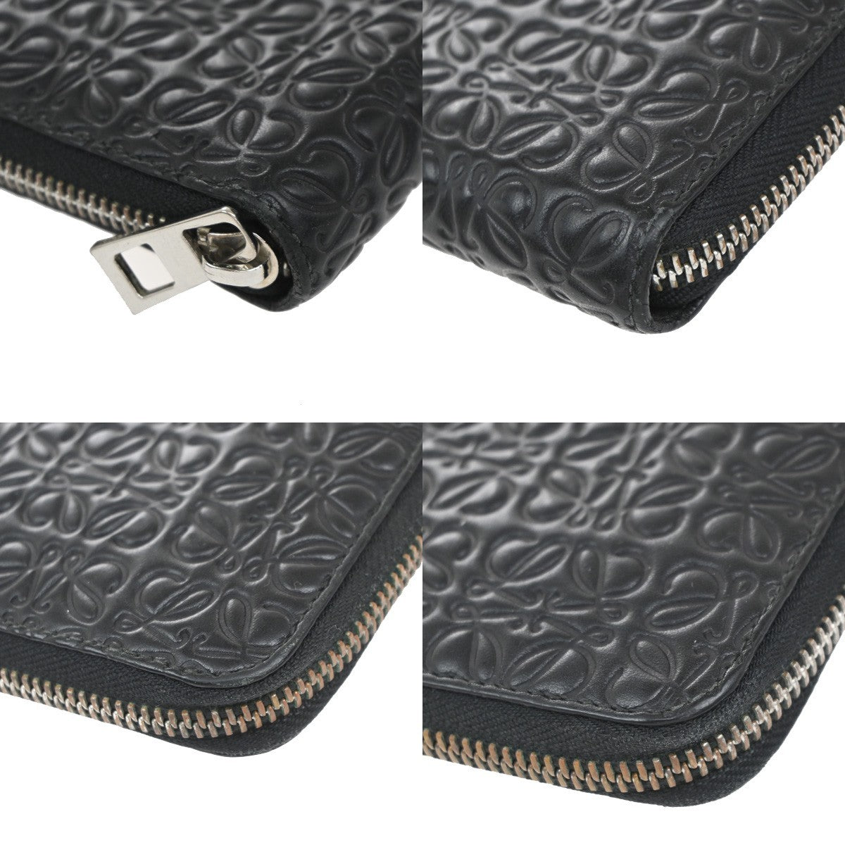 LOEWE Logo Anagram Repeat Long Zipper Wallet Embossed Leather Black 69KP047