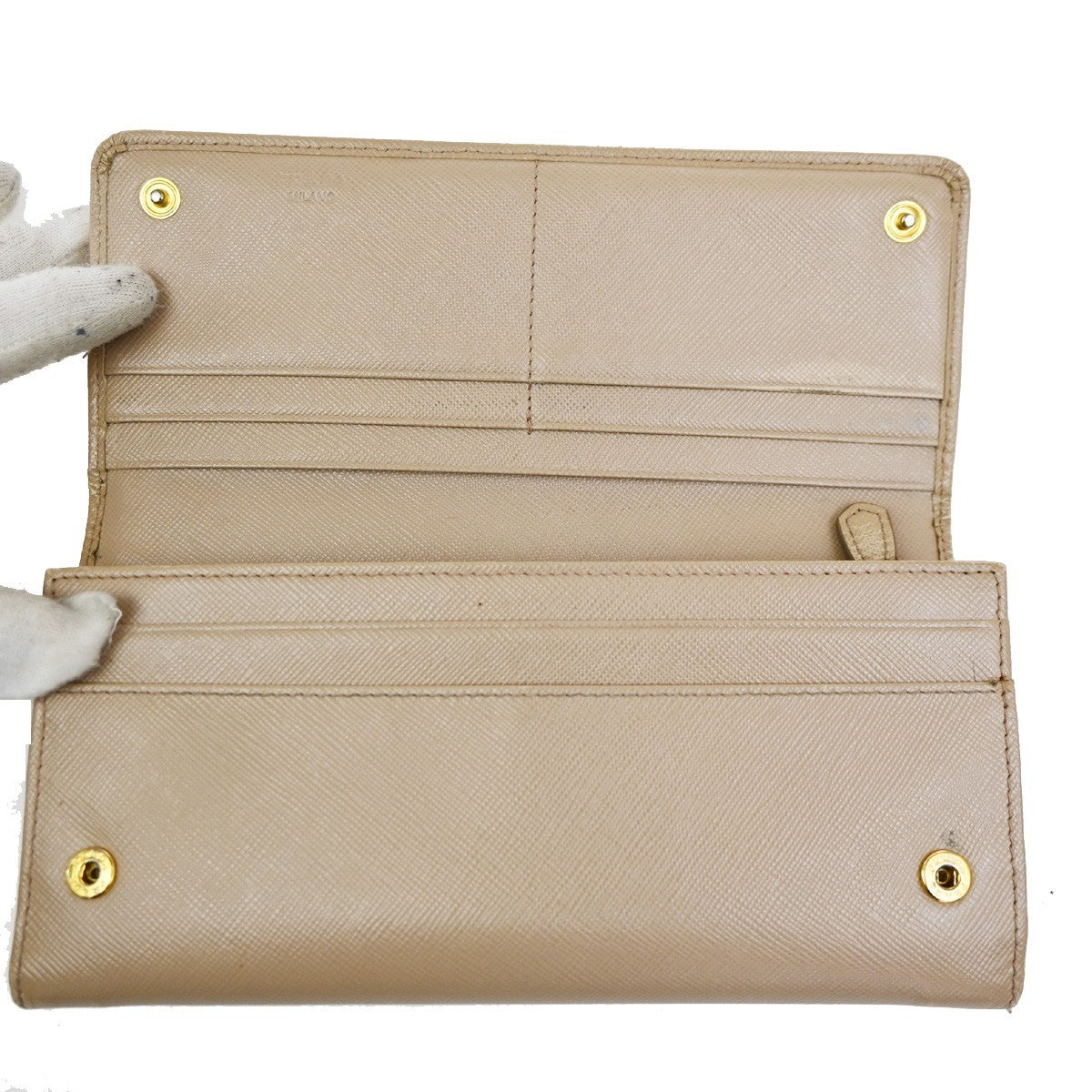 PRADA Logo Long Bi-Fold Wallet Saffiano Leather Beige Gold Italy 01TA298