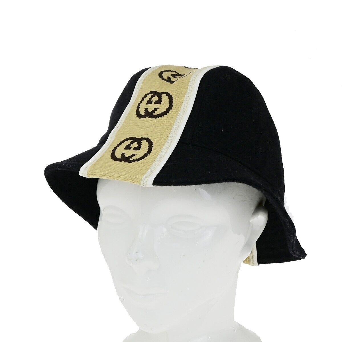 GUCCI GG Interlocking G Stripe Bucket Hat Side L Wool Black Italy 30YG358