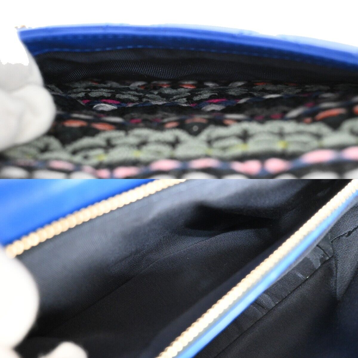 CHANEL CC Matelasse Tweed Chain Shoulder Bag Leather Wood Blue GHW 961RH816