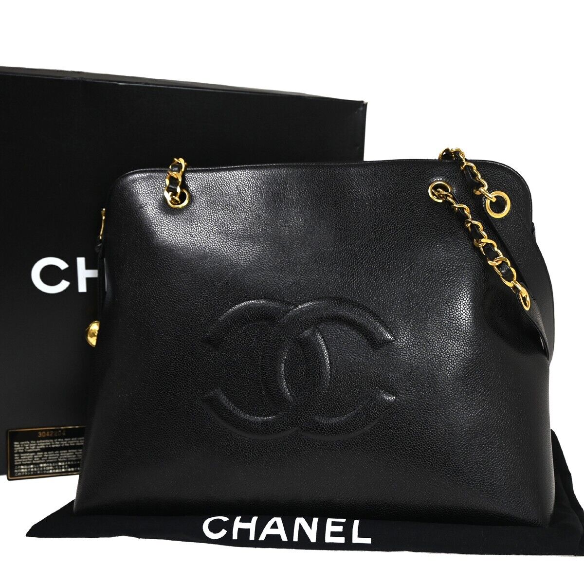 CHANEL CC Logo Chain Shoulder Bag Caviar Skin Leather Black GHW Vintage 342RH892