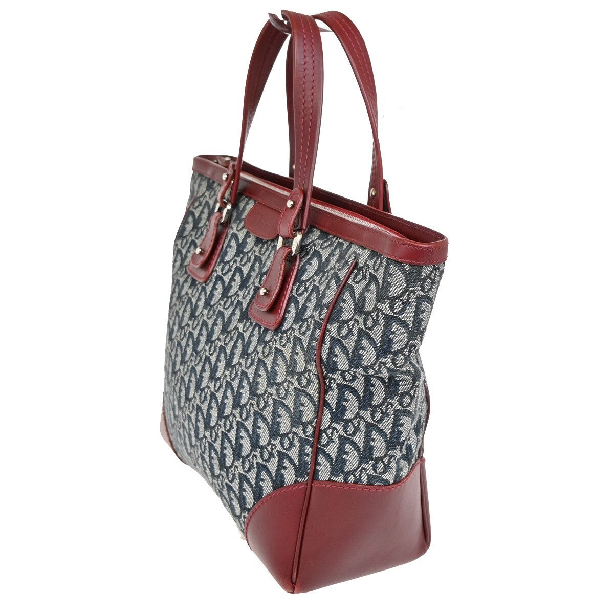 CHRISTIAN DIOR Trotter Pattern Hand Bag Canvas Leather Navy Blue Red 16EE257