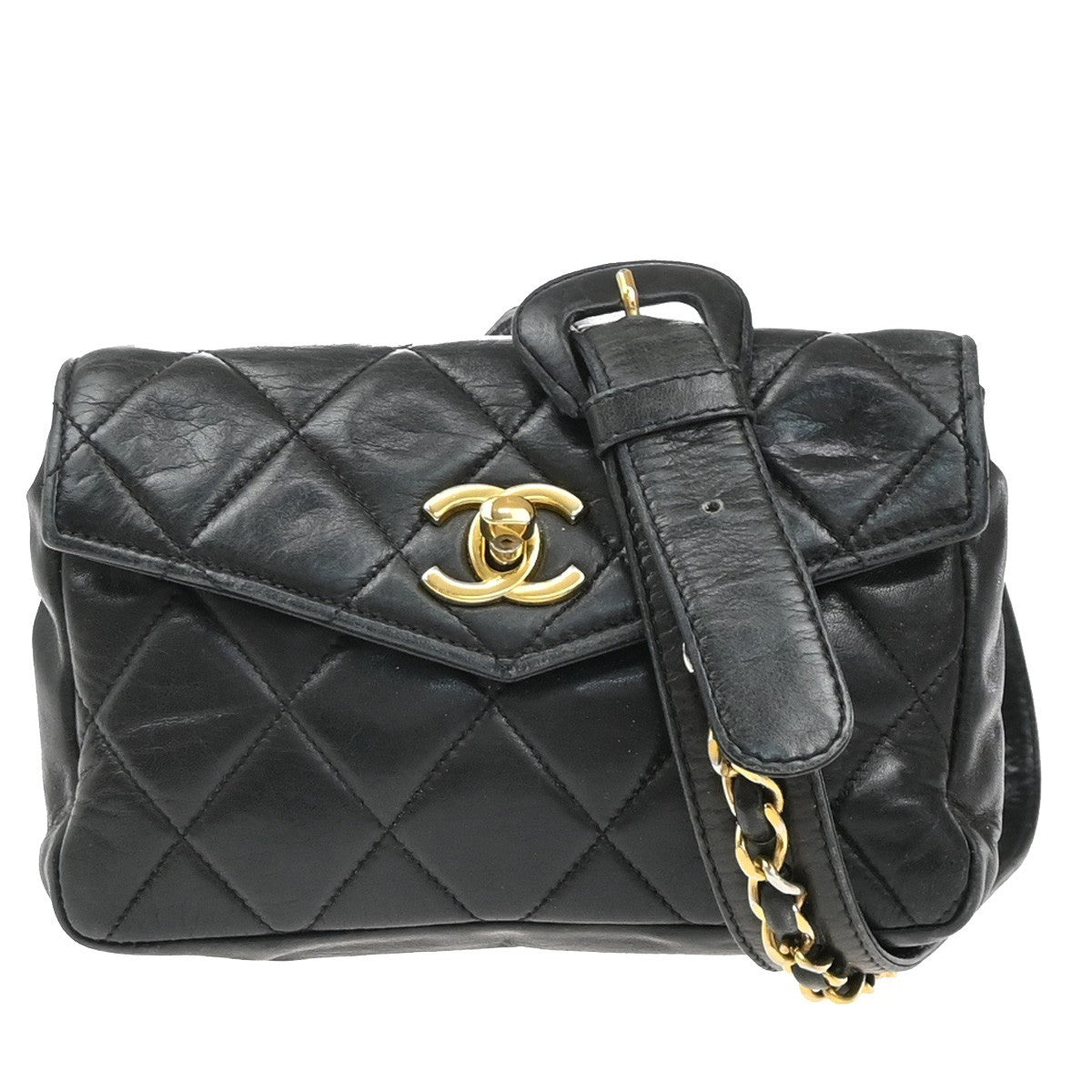 CHANEL CC Logo Matelasse Chain Belt Body Bum Bag Leather Black 19RF729
