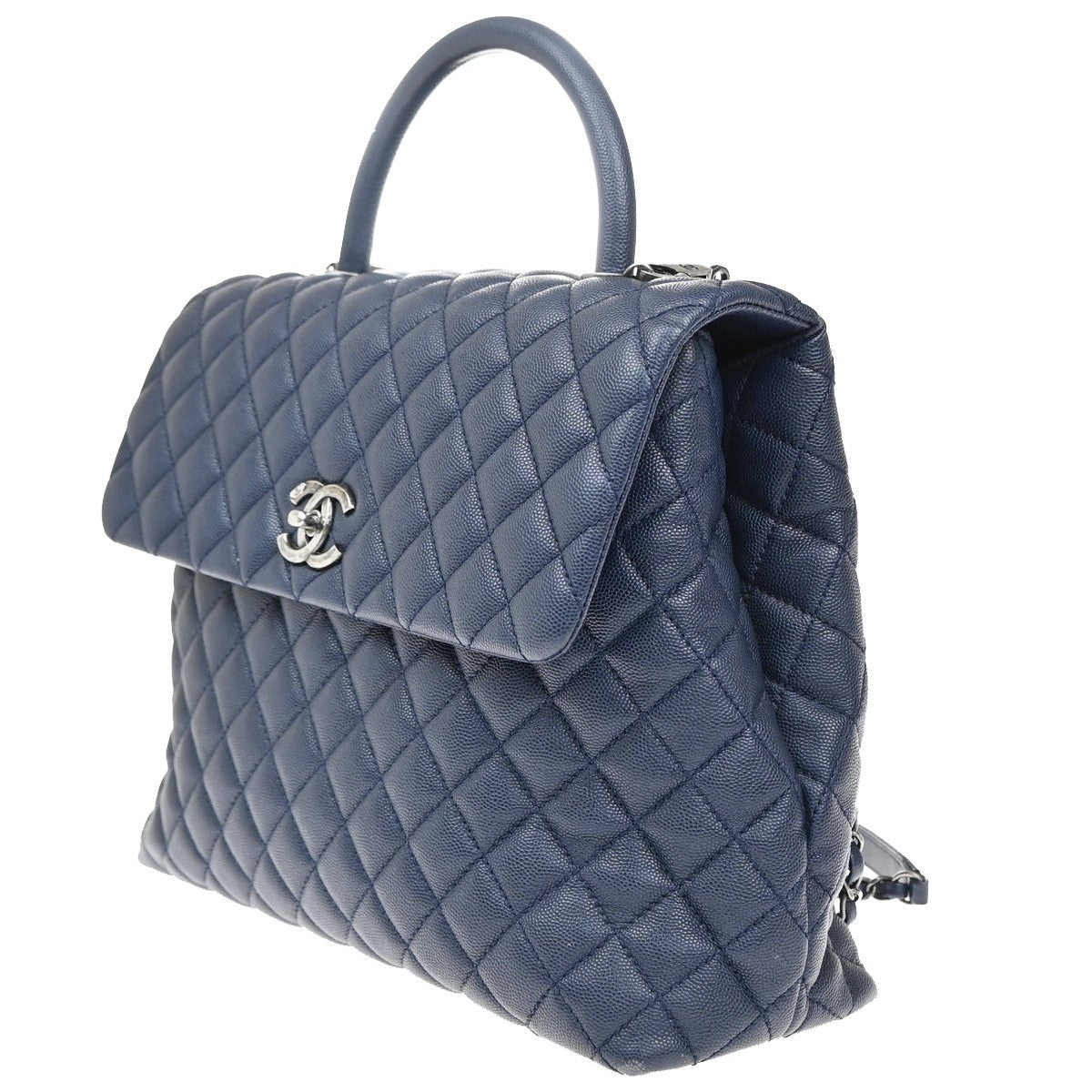 CHANEL 2Way Top Handle Chain Shoulder Bag Grained Calfskin Leather Blue 813RF792