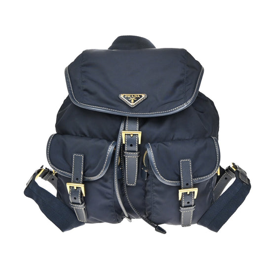 PRADA MILANO Logo Small Backpack Bag Nylon Leather Navy Blue Italy 21RF361