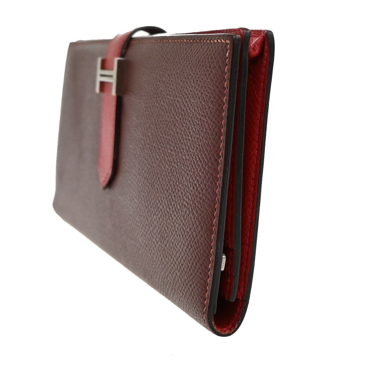 HERMES Logo Bearn Bicolor Long Bifold Wallet Leather Red Burgundy SHW 96RF294