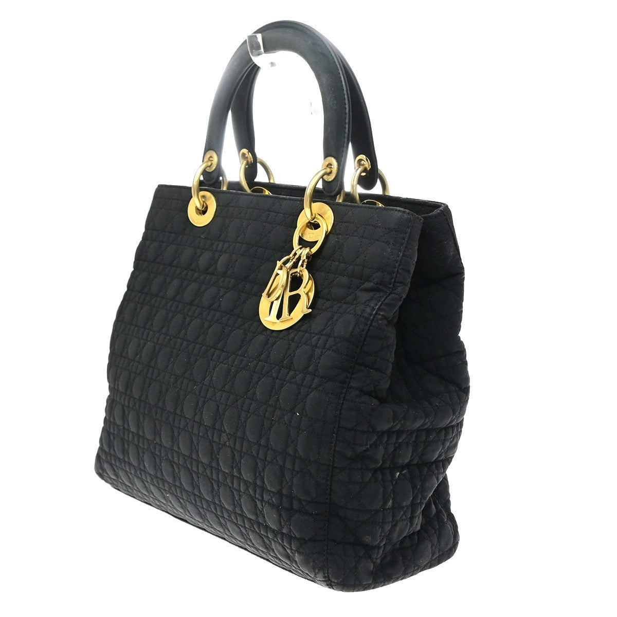 CHRISTIAN DIOR Logo Lady Cannage Hand Bag Nylon Leather Black GHW Italy 89EG409