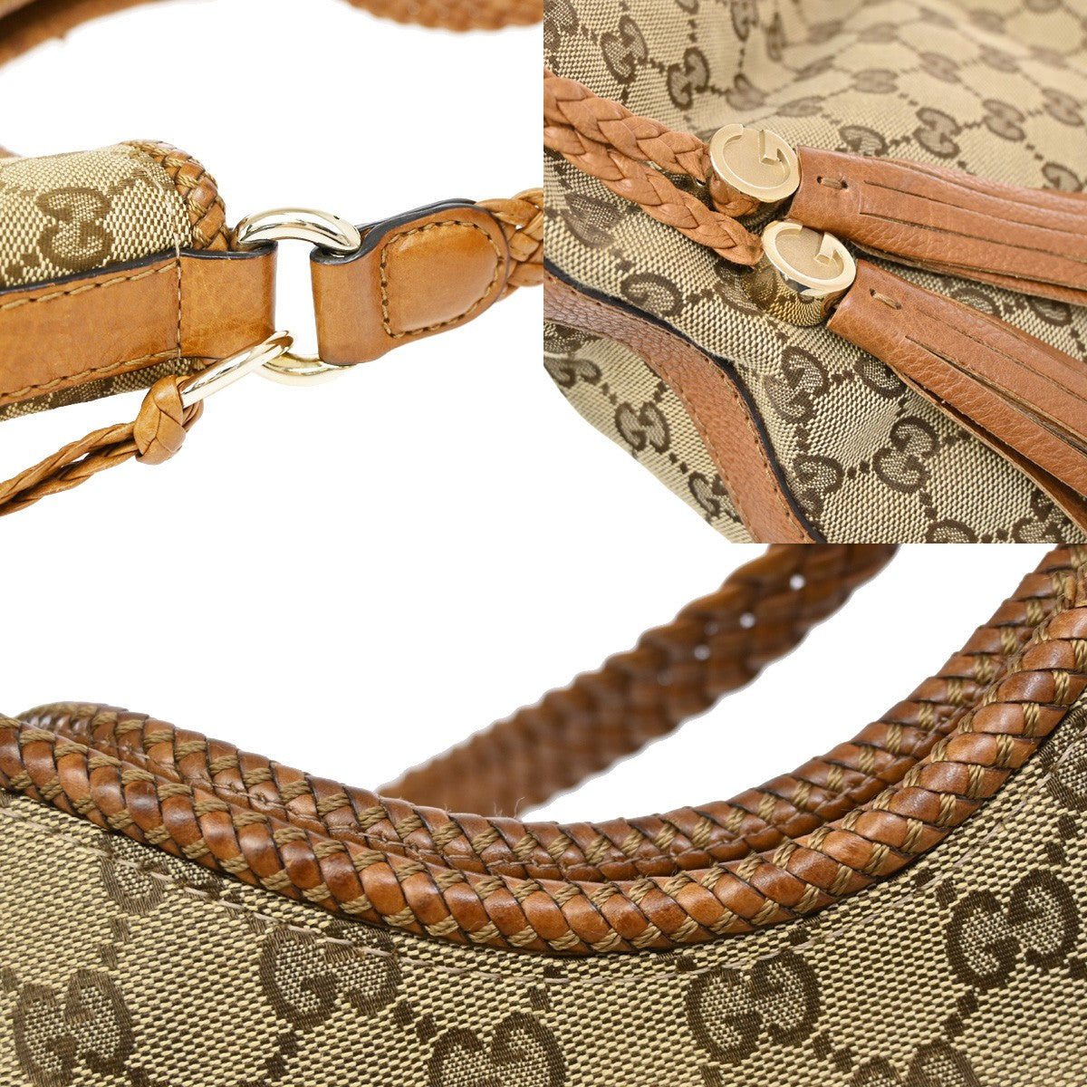 GUCCI Logo Marrakech GG Pattern Shoulder Hobo Bag Canvas Leather Brown 85YH679