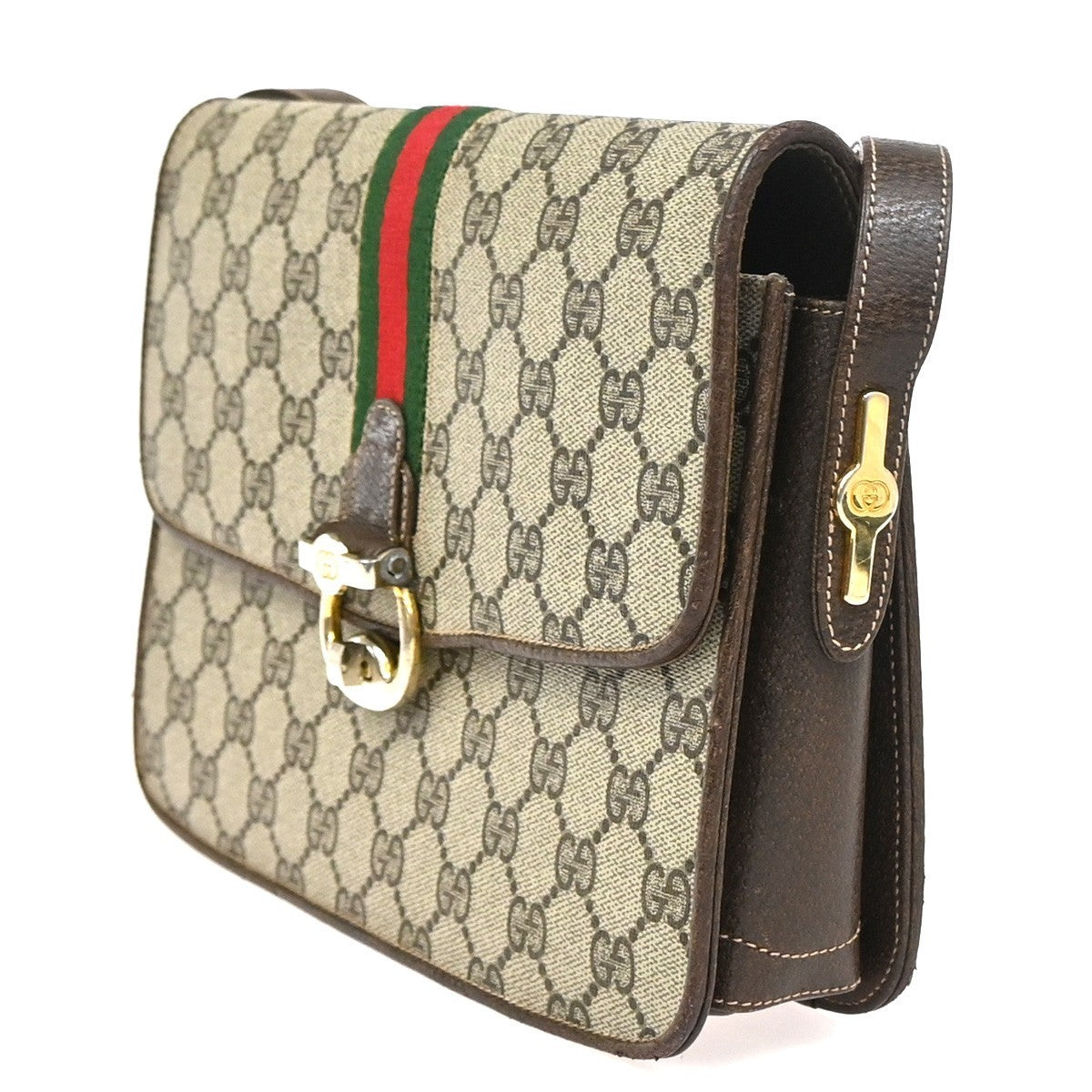 GUCCI Logo GG Pattern Sherry Flap Shoulder Bag PVC Leather Brown GHW 67KC907