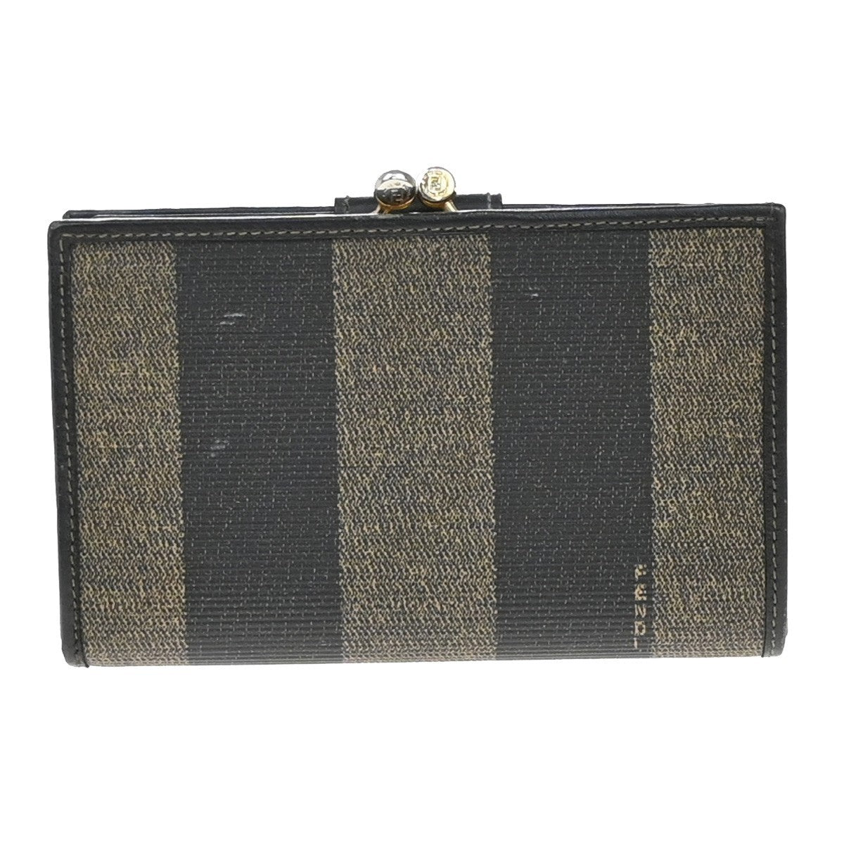 FENDI Logo Pequin Pattern Bifold Comapct Wallet PVC Leather Brown Italy 07EF564