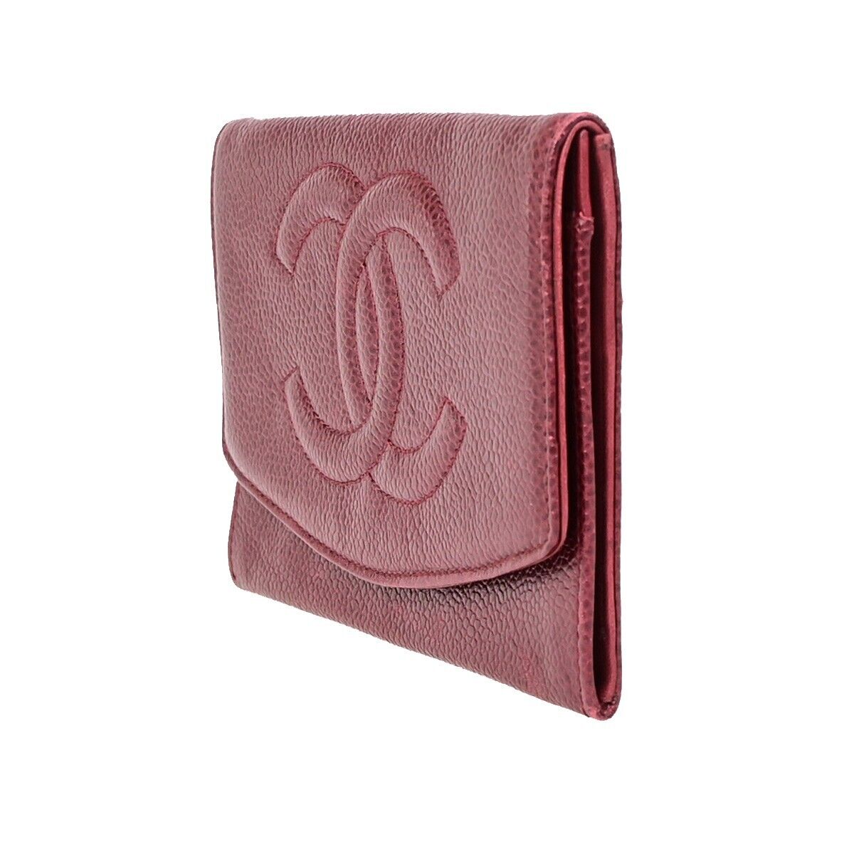 CHANEL CC Bifold Wallet Caviar Skin Leather Bordeaux GHW Italy Vintage 69EB229