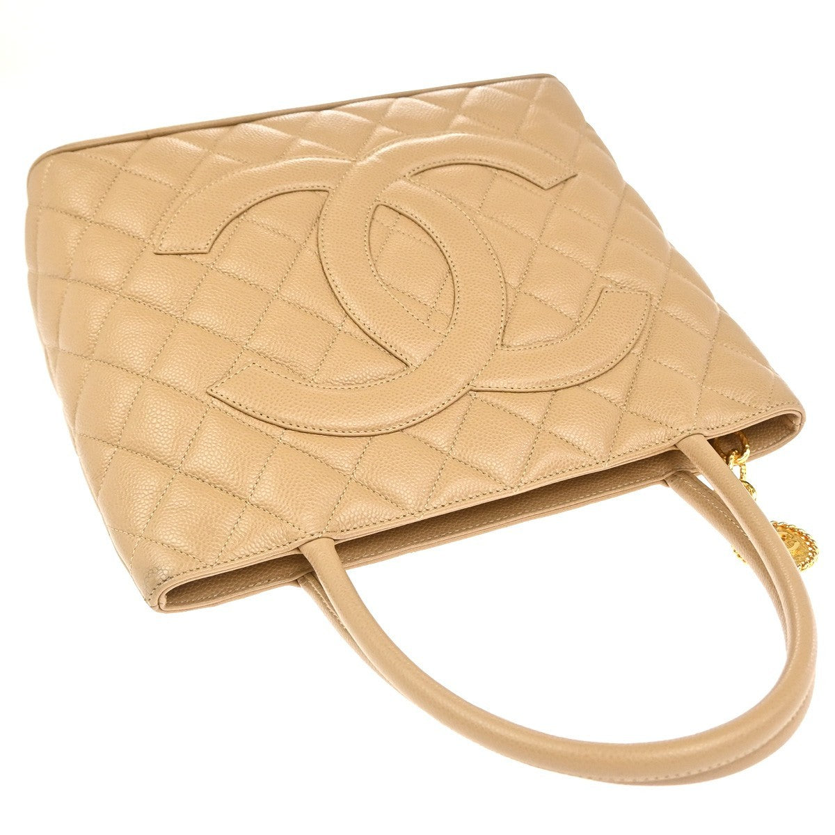 CHANEL Medallion Matelasse Shoulder Bag Grained Calfskin Leather Beige 307RP029