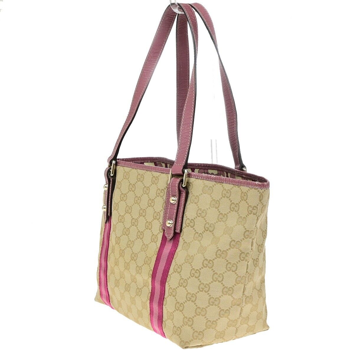 GUCCI Logo GG Pattern Shoulder Tote Bag Canvas Leather Brown Pink Italy 32FB390