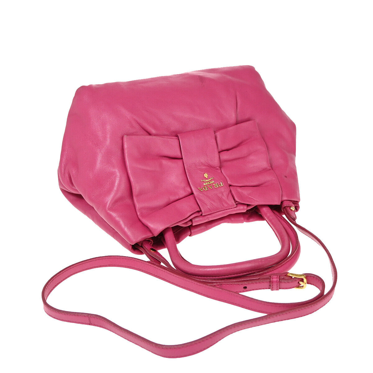 PRADA MILANO Logo Ribbon 2Way Shoulder Hand Tote Bag Leather Pink Gold 34YE444