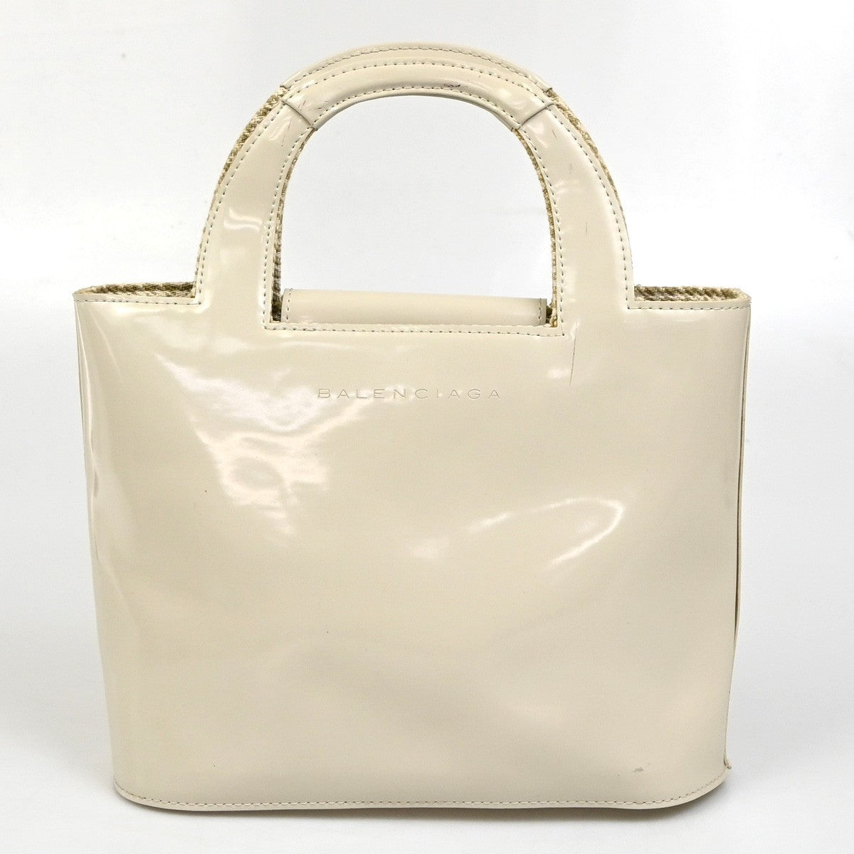 BALENCIAGA Logo Women Mini Hand Bag Patent Leather White Ivory 02ZA250