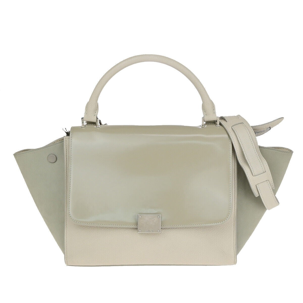 CELINE Logo Trapeze 2Way Shoulder Hand Bag Suede Patent Leather Beige 83YF548