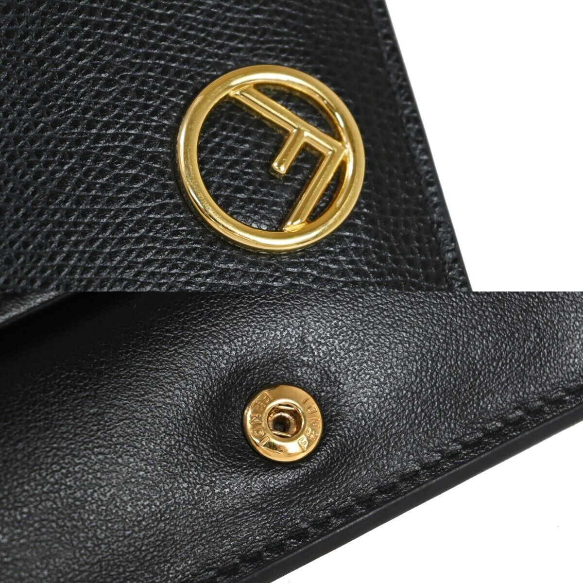 FENDI F Logo Bifold Wallet Purse Embossing Leather Black Gold Italy 32EA222