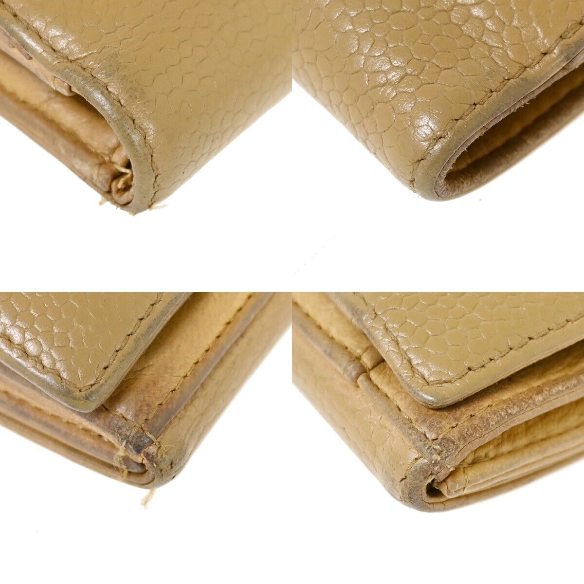 CHANEL CC Logo Bifold Wallet Purse Caviar Skin Leather Beige France 05HB310