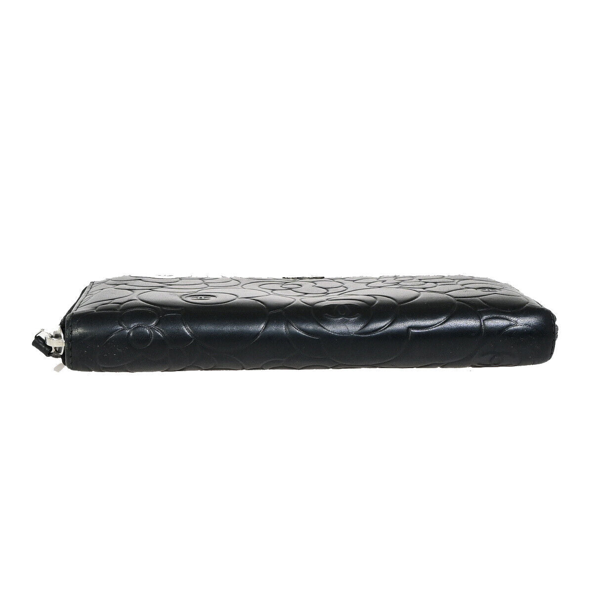 CHANEL CC Logo Camellia Pattern Zip Around Long Wallet Leather Black 30EB556