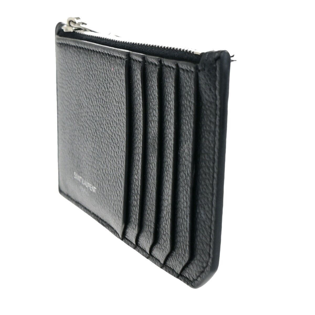 SAINT LAURENT Logo Coin Wallet Purse Leather Black Silver Made In Italy 62HB970