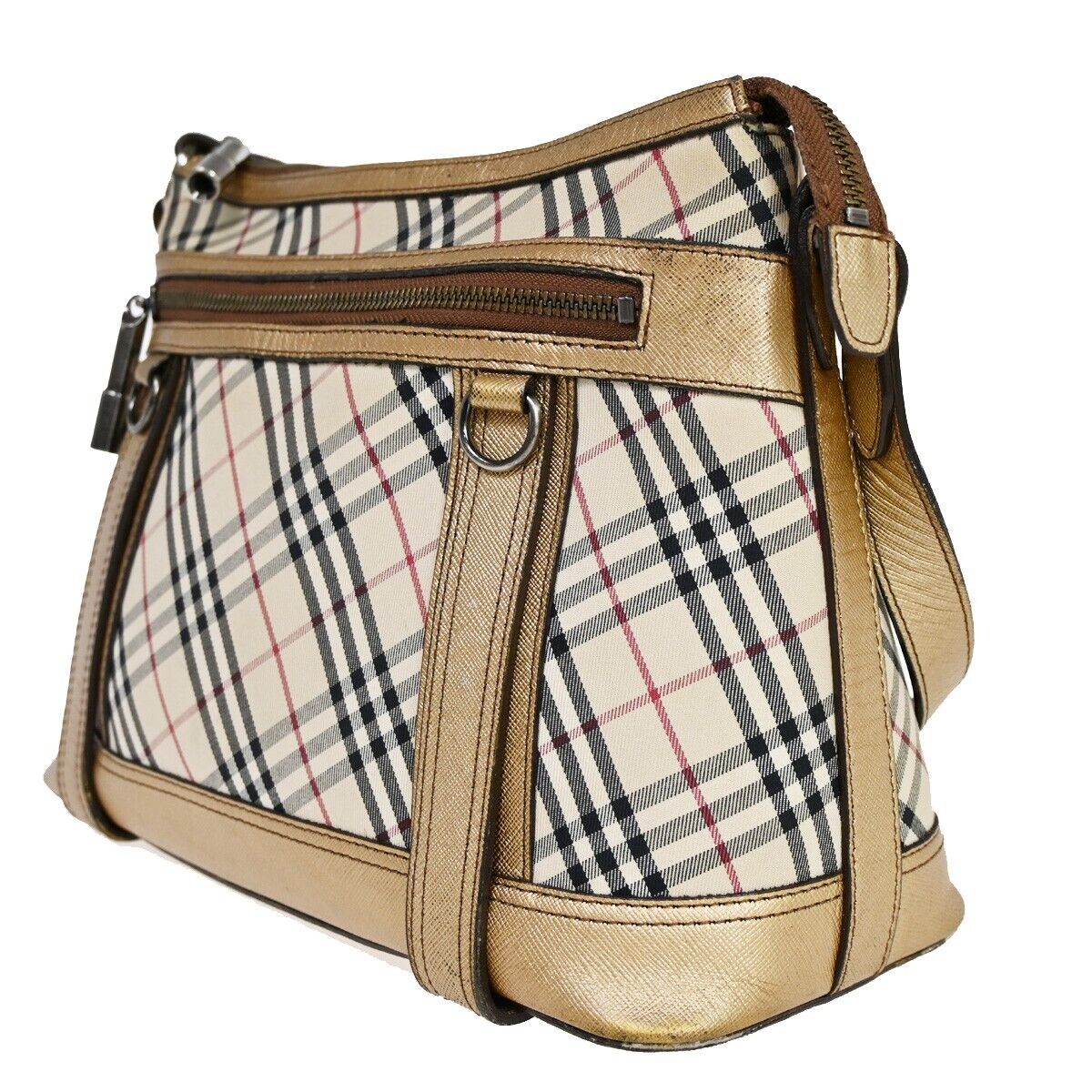 BURBERRY Logo Nova Check Shoulder Bag Canvas Leather Beige Gold Silver 60HB657
