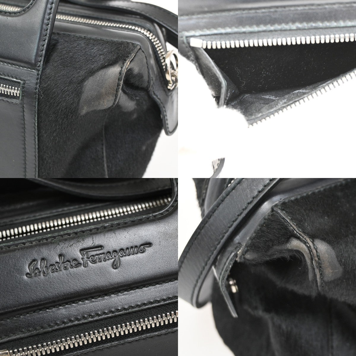 SALVATORE FERRAGAMO Gancini 2Way Shoulder Handbag Fur Leather Black 05DA245