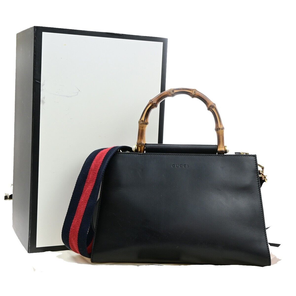 GUCCI Logo Nymphaea 2Way Shoulder Hand Bag Bamboo Leather Black Red 73ED428