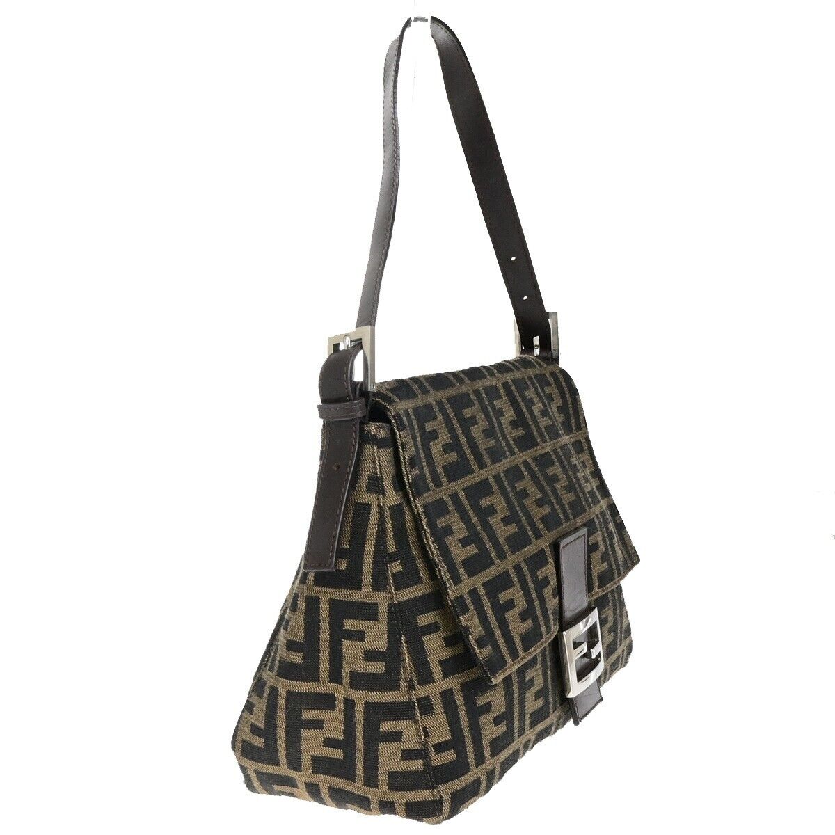 FENDI Logo Mamma Zucca Pattern Shoulder Bag Canvas Leather Brown Italy 25ED280