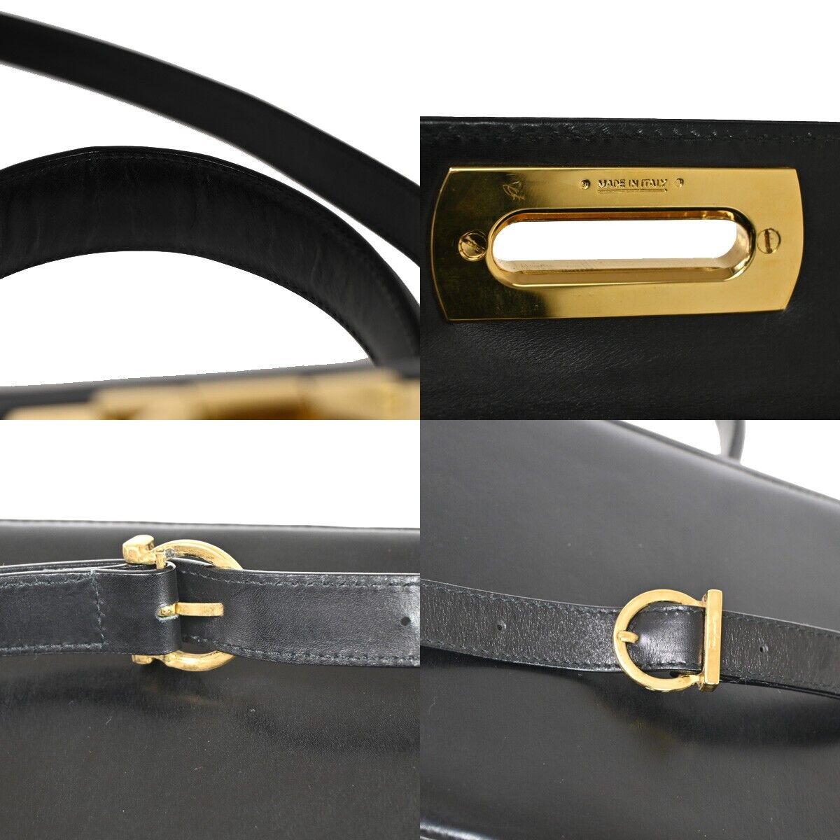 SALVATORE FERRAGAMO 2Way Gancini Shoulder Hand Bag Leather Black Gold 77SH468