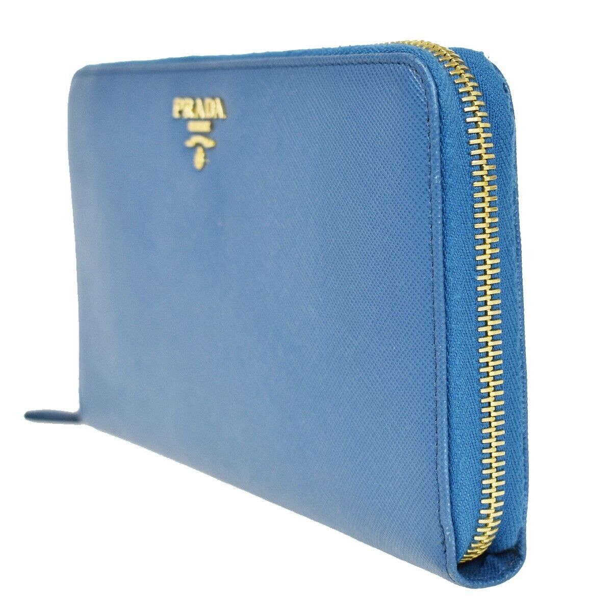 PRADA Logo Long Bifold Organizer Wallet Purse Saffiano Leather Blue Gold 89RH569