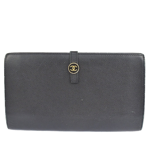 CHANEL CC Logo Long Bifold Wallet Purse Leather Black GHW France 60YC785