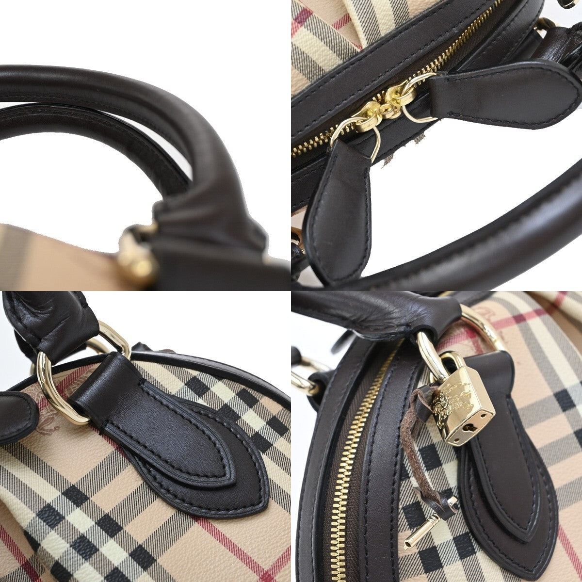BURBERRY Logo Nova Hand Bag  Check PVC Leather Brown GHW 87RF419