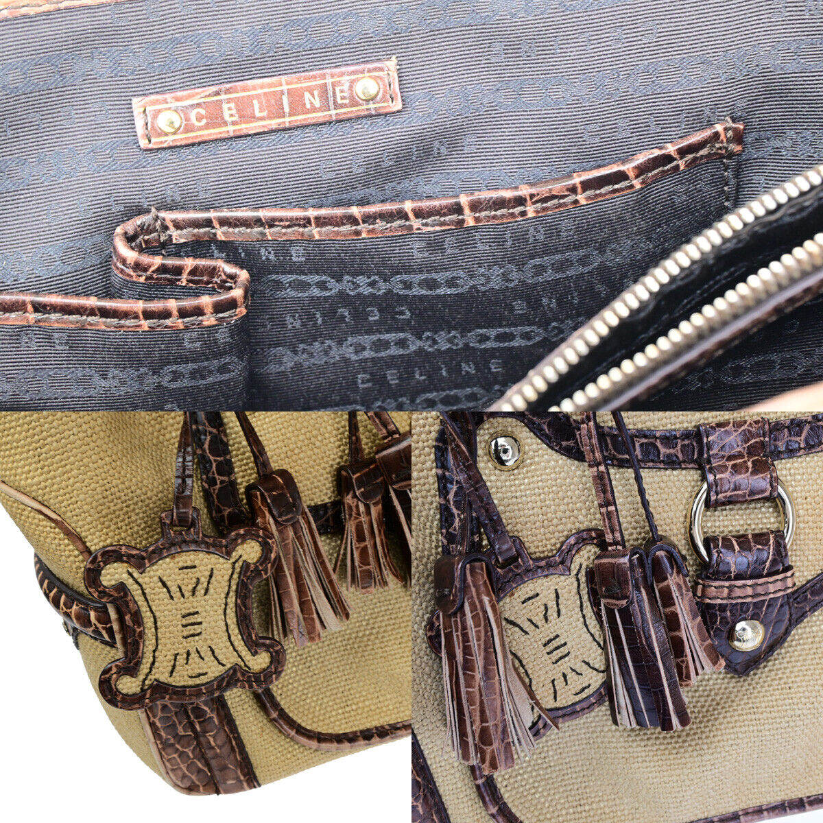 CELINE Logo Boogie Hand Bag Canvas Embossing Leather Charm Brown GHW 60YF122