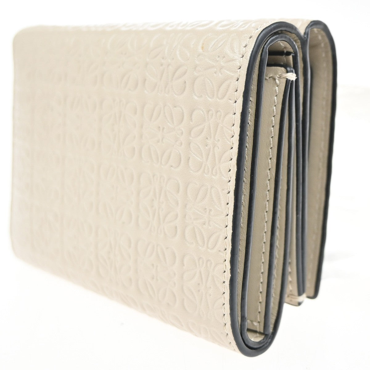LOEWE Logo Anagram Repeat Trifold Wallet Embossed Leather Beige Spain 69MA294