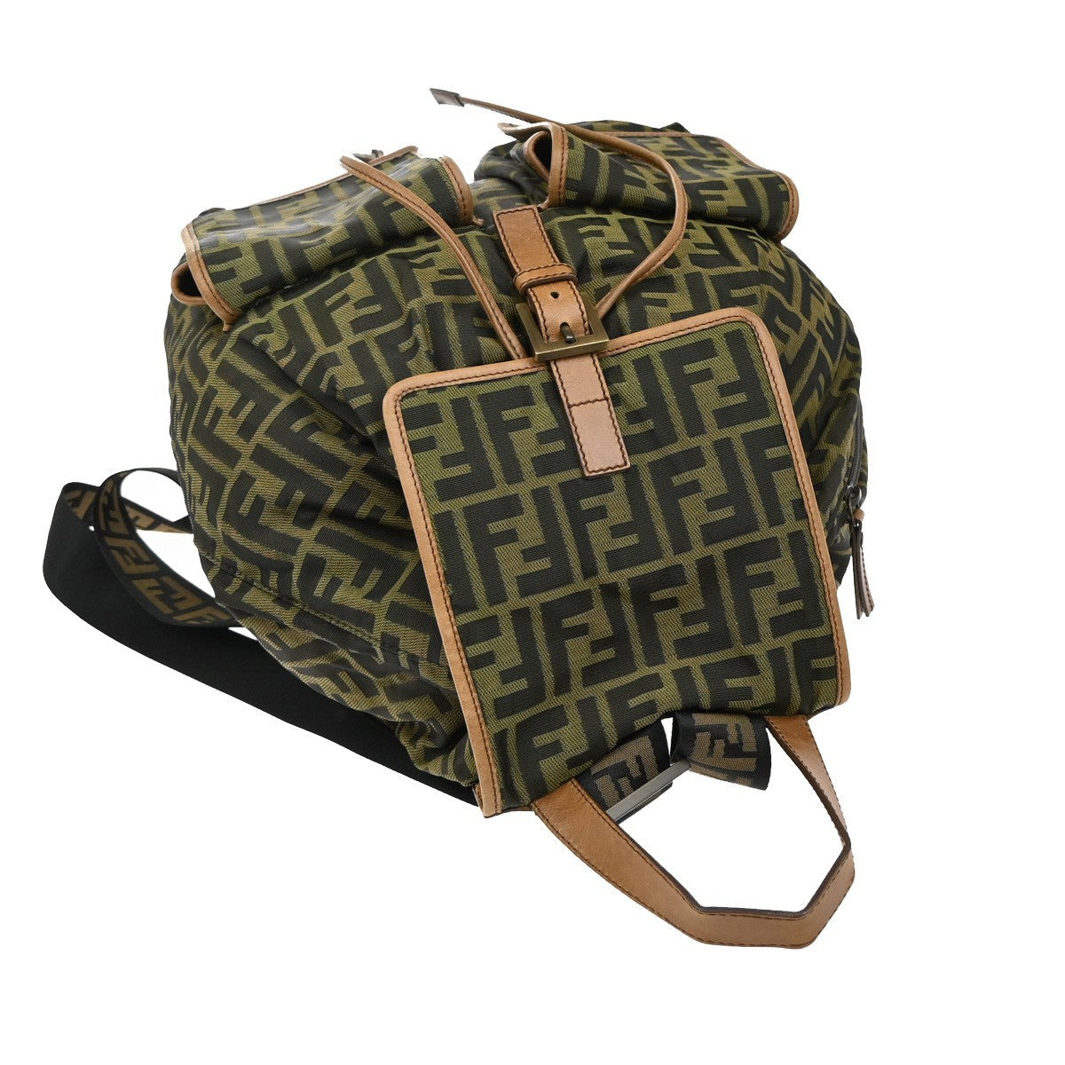 FENDI Logo Zucca Backpack Bag Canvas Leather Brown Khaki Italy 18KB450