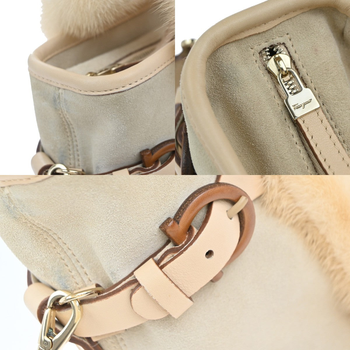 SALVATORE FERRAGAMO Gancini 2Way Shoulder Hand Bag Suede Fur Leather BE 80KP571