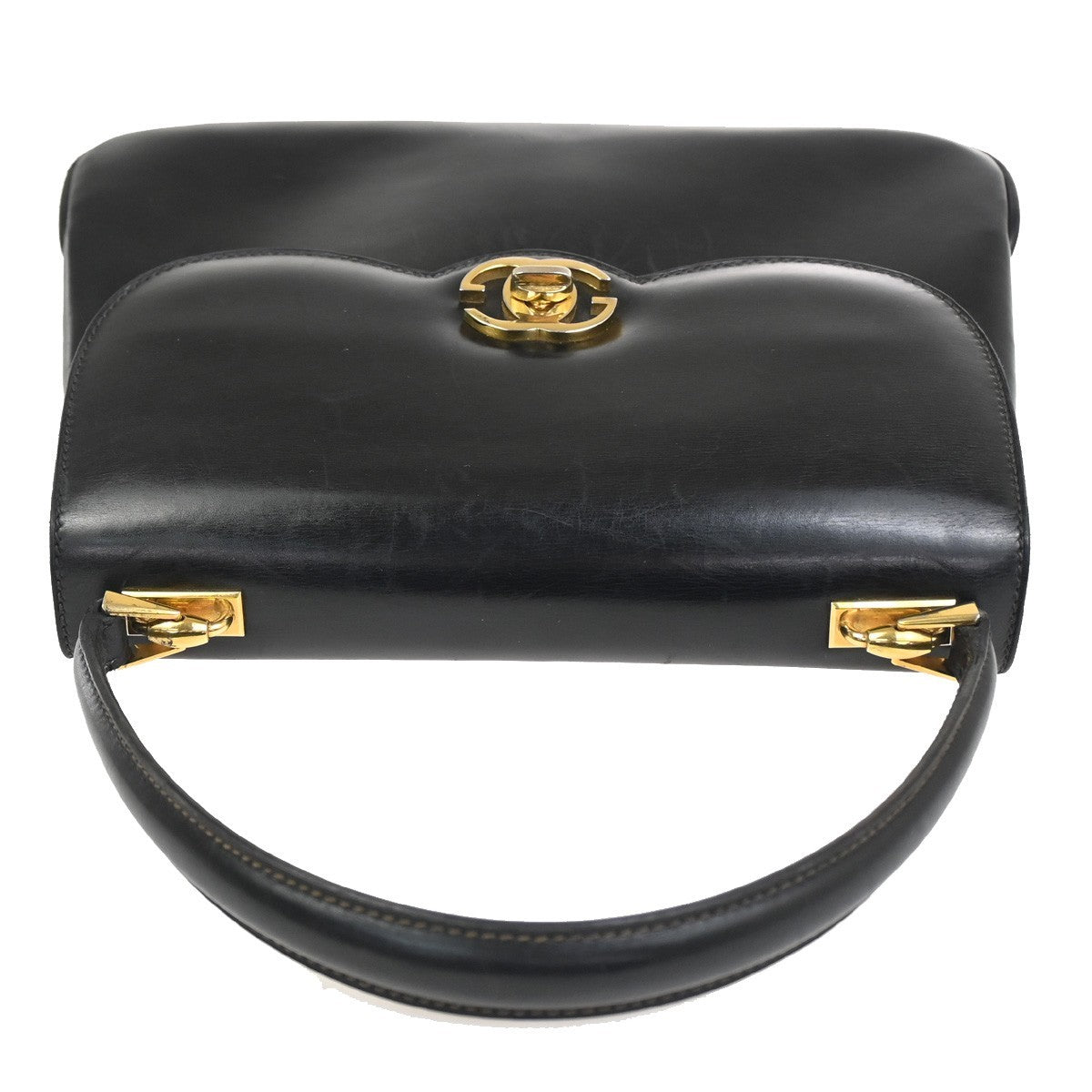GUCCI Logo Interlocking GG Hand Bag Turn Lock Leather Black GHW Italy 67CA765