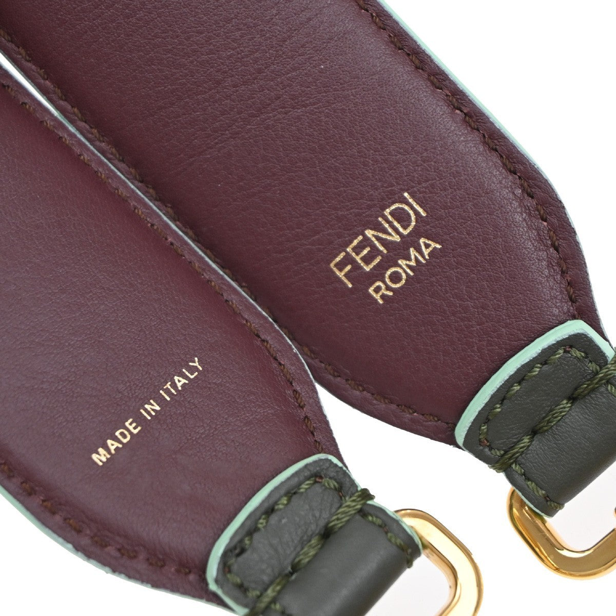 FENDI Logo Studs Bag Shoulder Strap Leather Plastic Green Brown GHW 65KP348