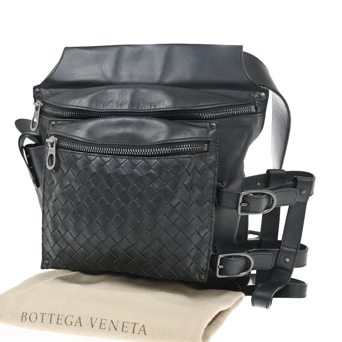 BOTTEGA VENETA Logo Intrecciato Body Bum Bag Leather Black Italy 12RL727