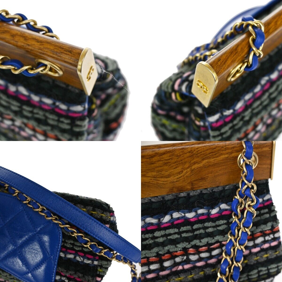 CHANEL CC Matelasse Tweed Chain Shoulder Bag Leather Wood Blue GHW 961RH816