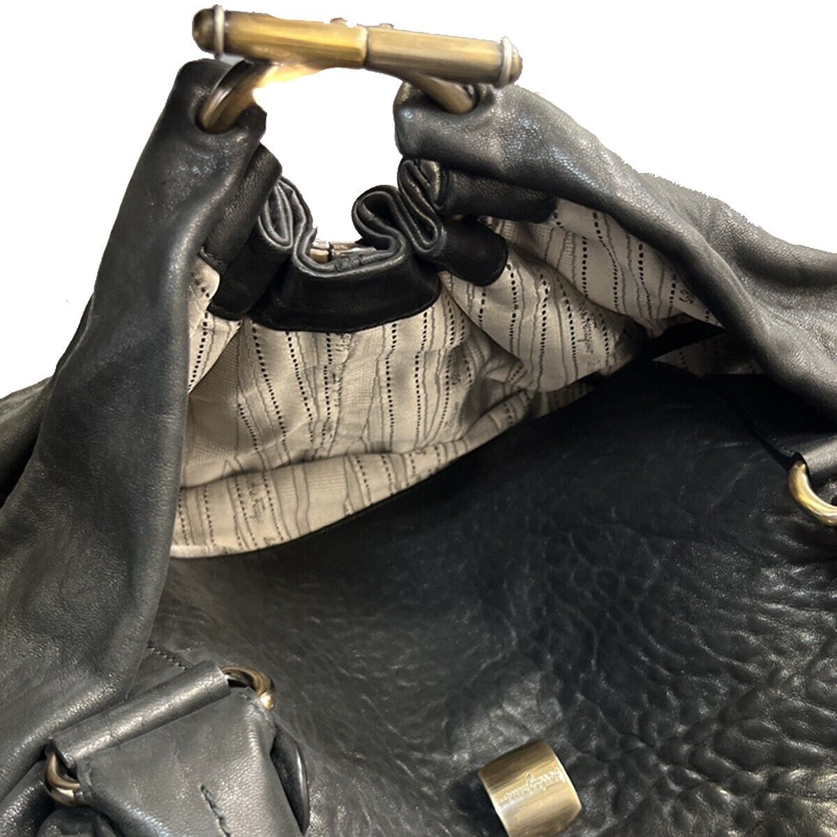 SALVATORE FERRAGAMO Logo Gancini Shoulder Tote Bag Leather Black  Italy 68DA065