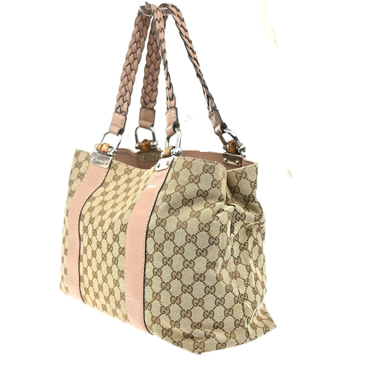 GUCCI Logo Bamboo GG Shoulder Hand Bag Canvas Leather Beige Pink Italy 32MA171