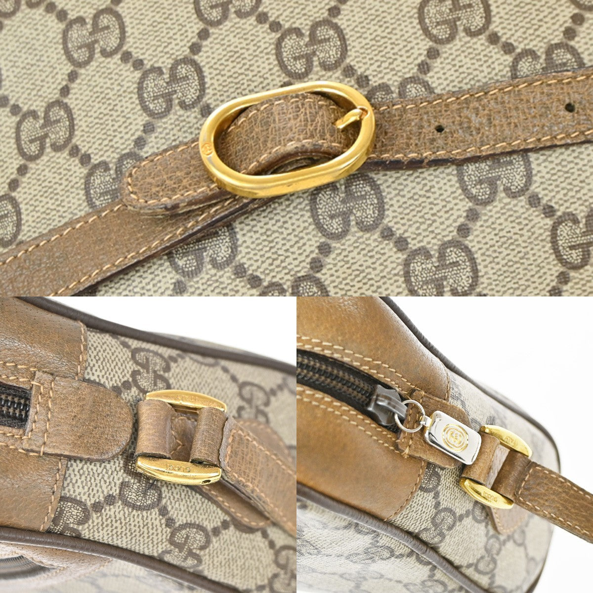 GUCCI Logo Web Sherry GG Pattern Shoulder Bag PVC Leather Brown Italy 67YJ168