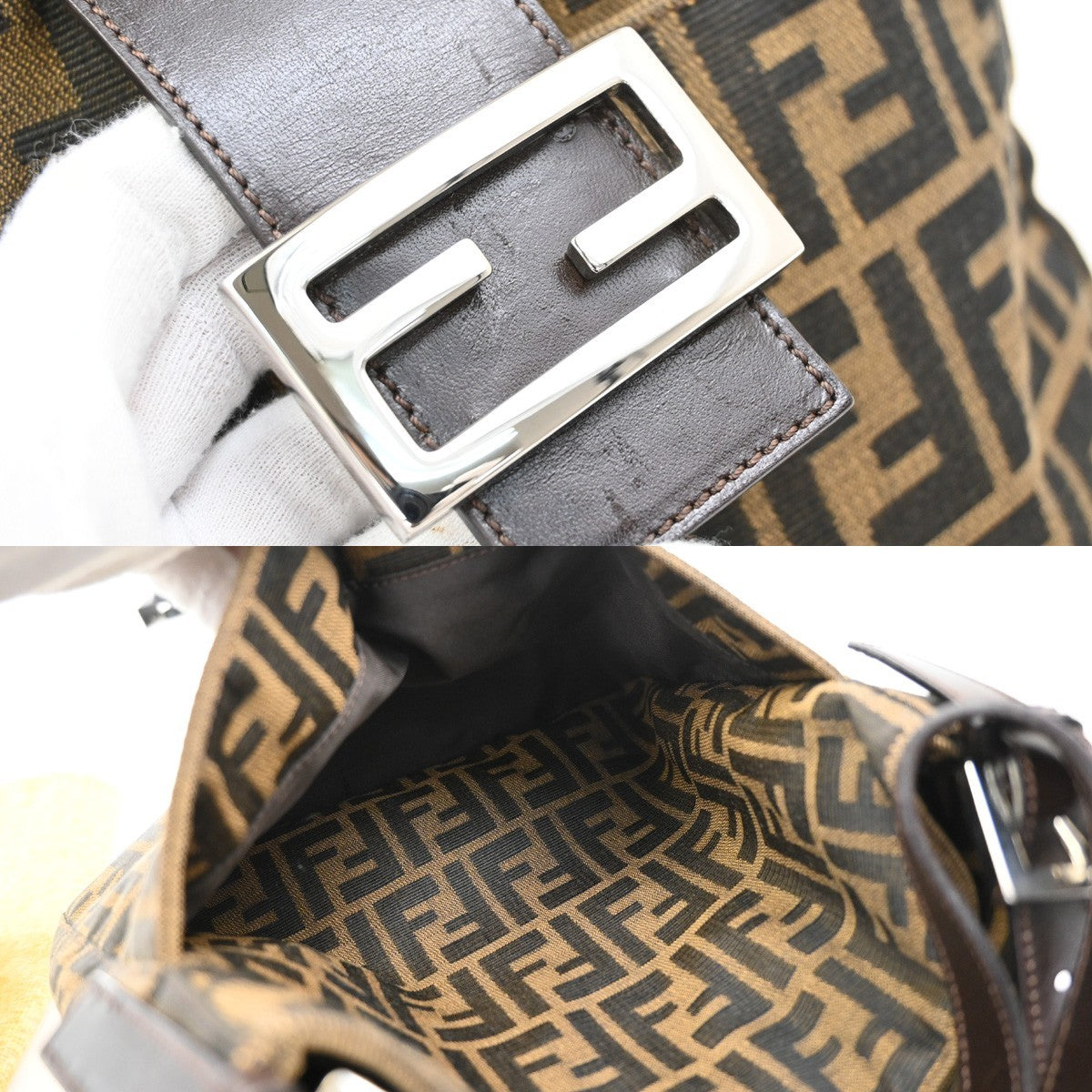 FENDI Logo Mamma Zucca Pattern Shoulder Bag Canvas Leather Brown Italy 28RF622