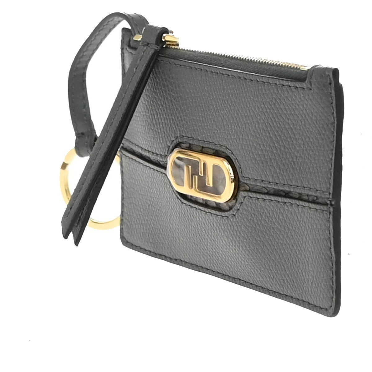 FENDI O' Lock Fragment Case Coin Wallet Purse Leather Grey Gold Italy 30KP201