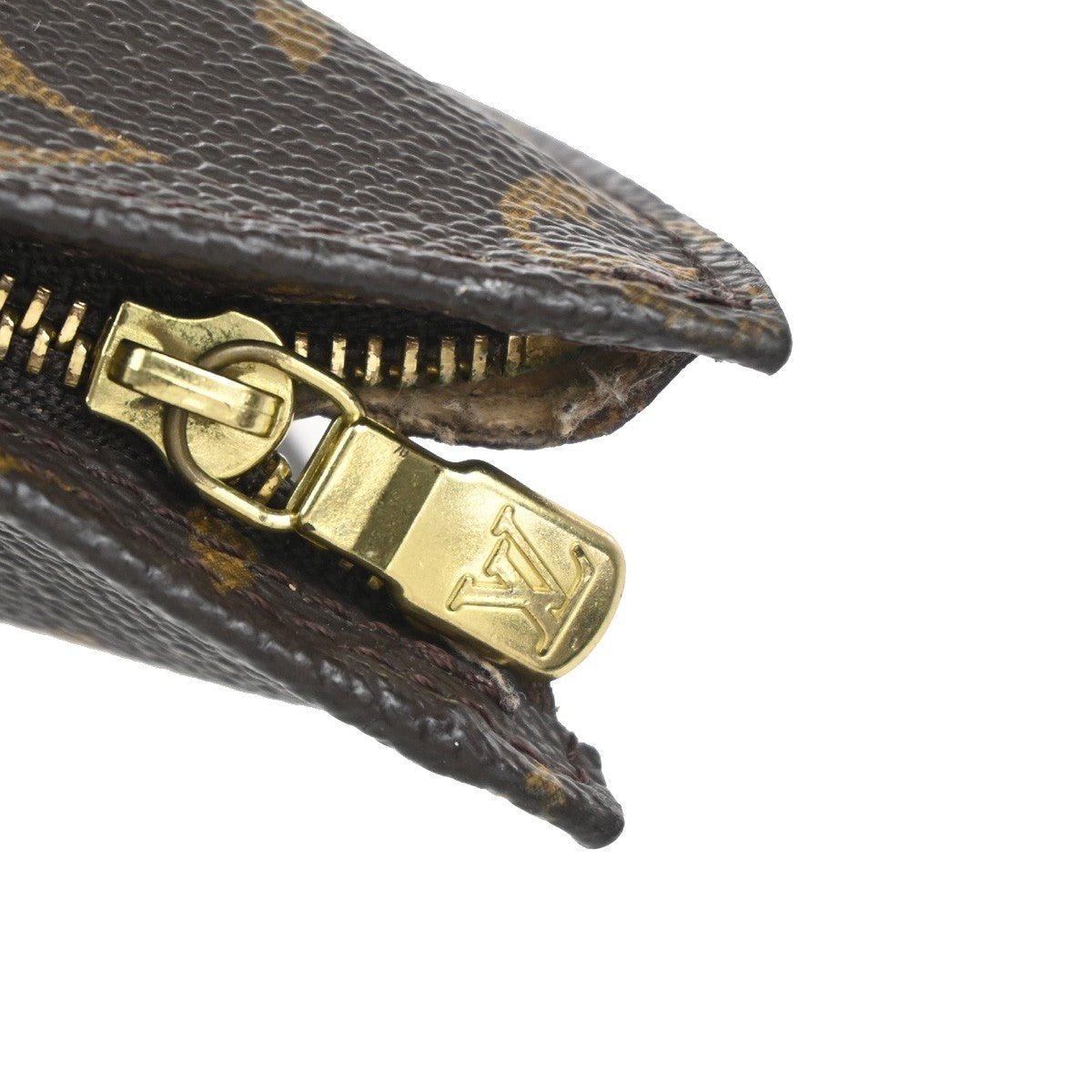 LOUIS VUITTON LV Logo Bucket PM Pouch Bag Monogram Leather Brown Gold 05KC984