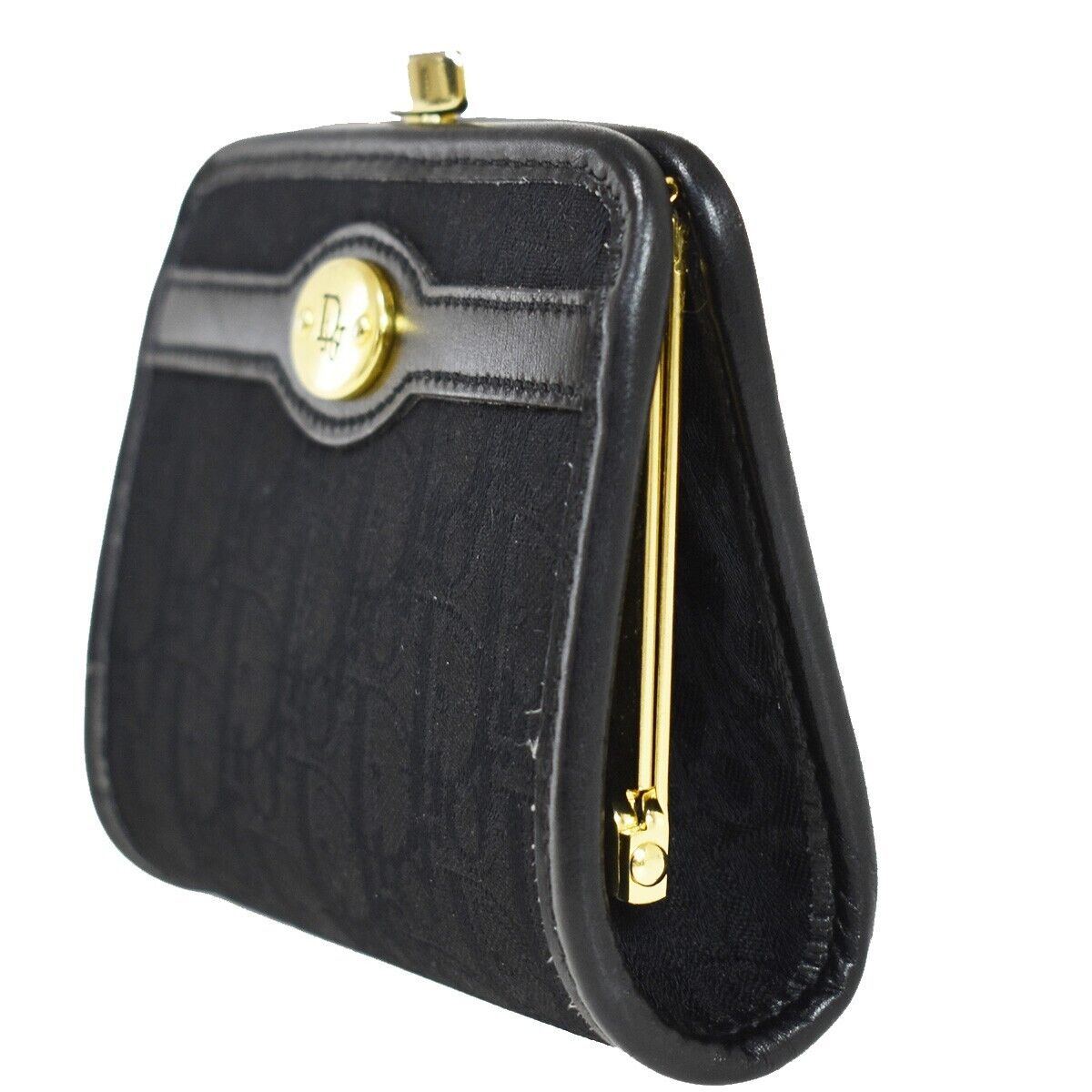 CHRISTIAN DIOR Trotter Clasp Coin Case Wallet Canvas Leather Black Gold 36JH723
