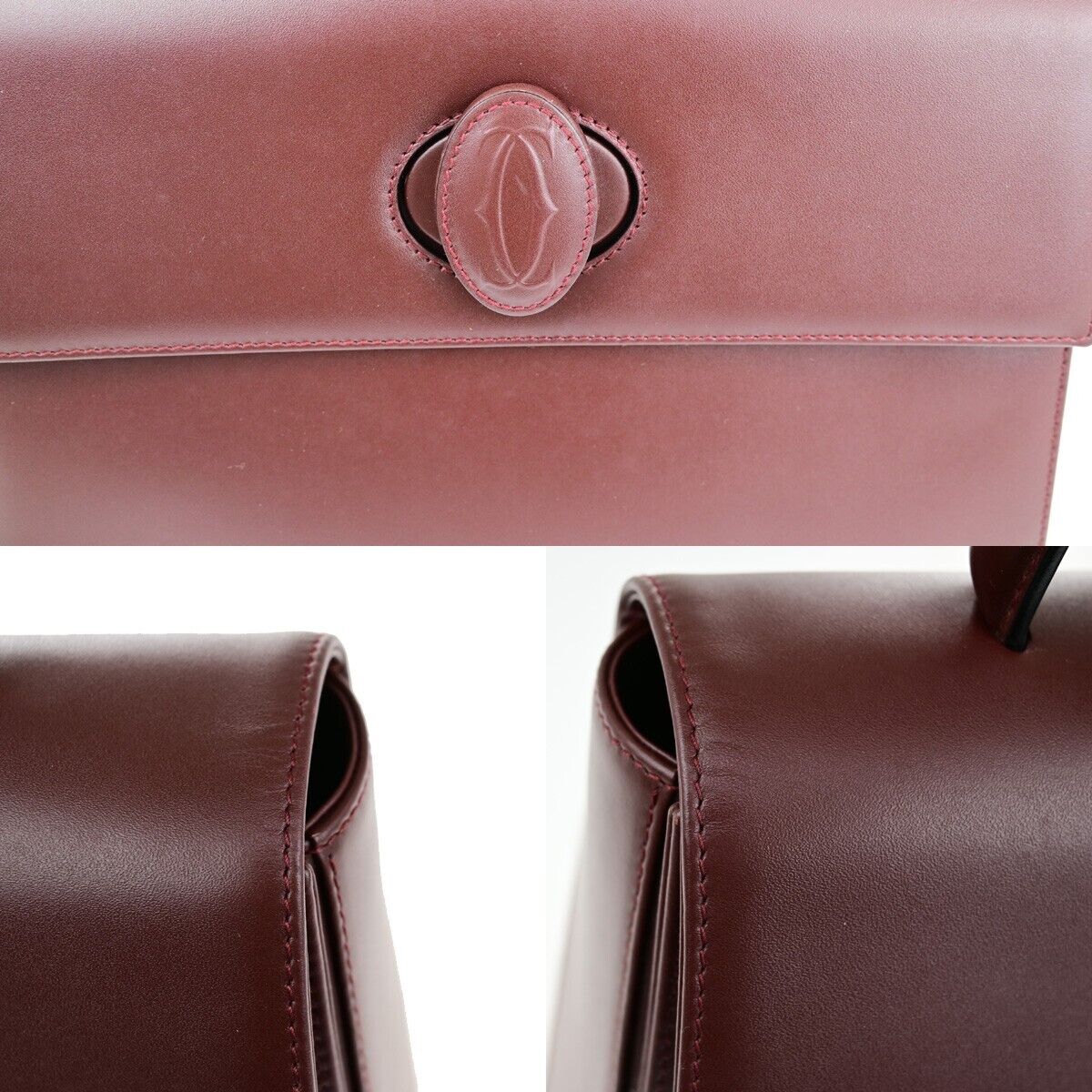CARTIER 2C Logos Hand Bag Leather Burgundy Gold-Plated Made In Italy 76RK751
