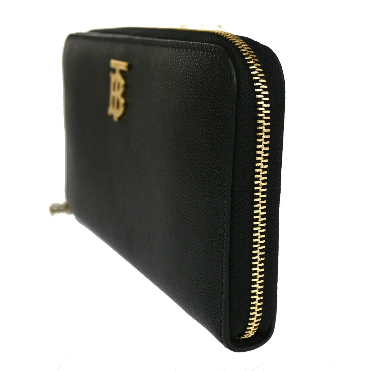 BURBERRY Logo  Zipper Long Wallet Purse Leather Black Gold Italy 31KA118