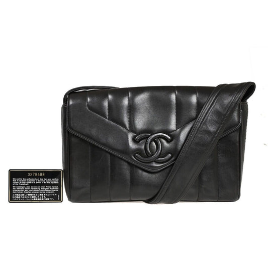 CHANEL CC Logo Mademoiselle Shoulder Bag Leather Black GHW Vintage 373RF094